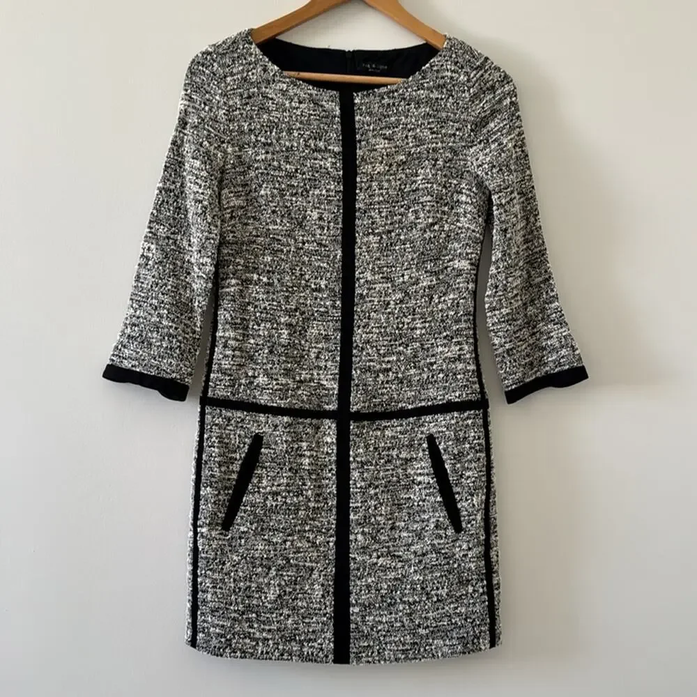 Rag & Bone Camden Tweed Shift Dress Black White Contrast Trim Size 0 - Picture 2 of 7